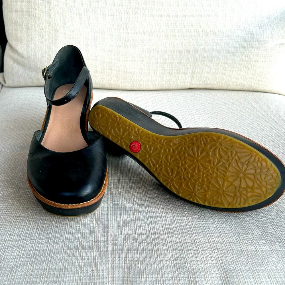 Camper Black Leather Mary Jane Platform Wedges